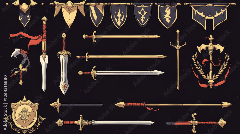 Poster fantasy frames with medieval weapon for rpg game ui design. vector cartoon set of empty banners with