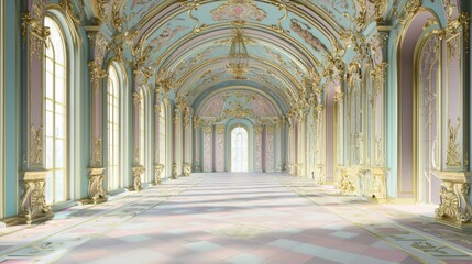 Fototapeta premium Elegant Tapestry Lined Hallway with Ornate Architectural Design