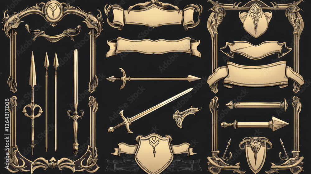 Poster fantasy frames with medieval weapon for rpg game ui design. vector cartoon set of empty banners with