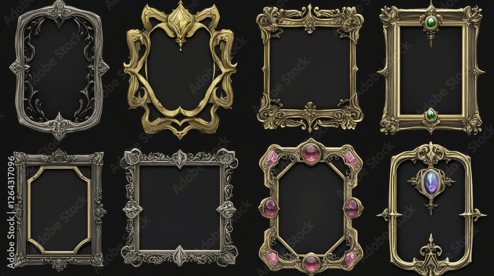 Aufkleber rectangle avatar frames, medieval ui game silver and gold borders. cartoon empty metallic bordering 