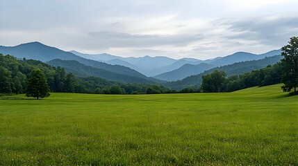 Fototapeta premium Green Meadow With Distant Blue Mountains