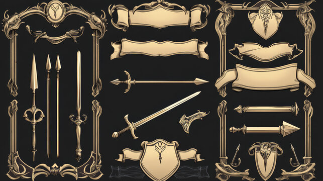Fantasy frames with medieval weapon for rpg game ui design. Vector cartoon set of empty banners with old gold and silver borders, sword, arrows, horns and flags isolated on black background