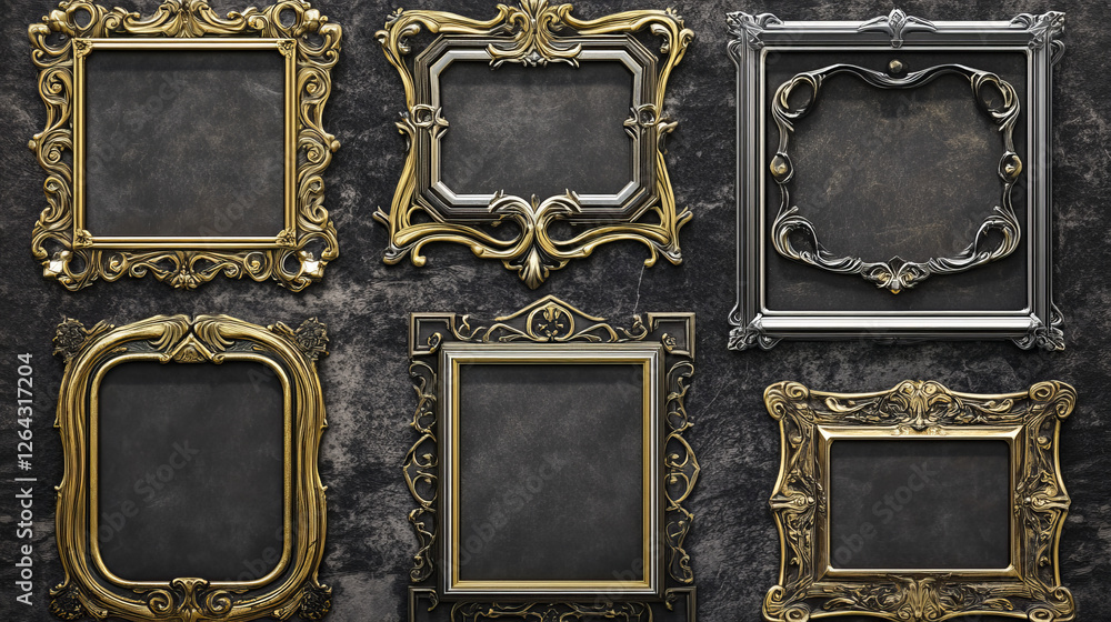 Poster rectangle avatar frames, medieval ui game silver and gold borders. cartoon empty metallic bordering 