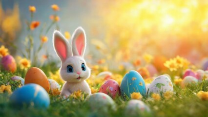 Cute Bunny with Easter Eggs in Colorful Field  Cheerful and Festive Digital Illustration