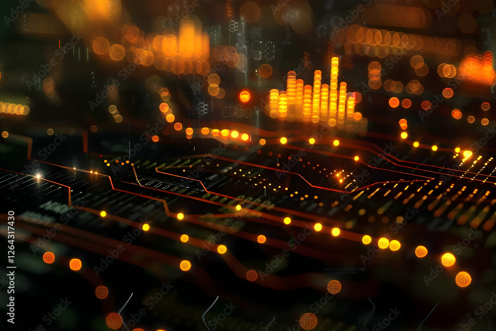 Poster abstract digital circuit board with glowing orange lines and data visualizations in a futuristic cit