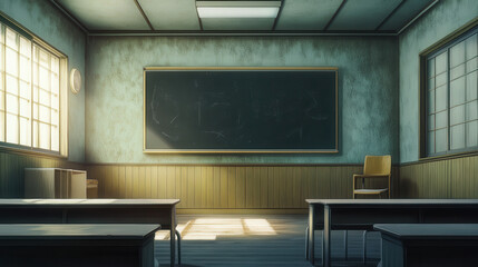 A simple, empty classroom with a blackboard
