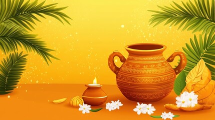 Fototapeta premium Vibrant Pongal festival illustration featuring a traditional clay pot overflowing with rice, symbolizing abundance and prosperity.