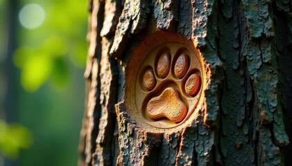 Tiger paw print on tree trunk , tree trunk, paw print, forest