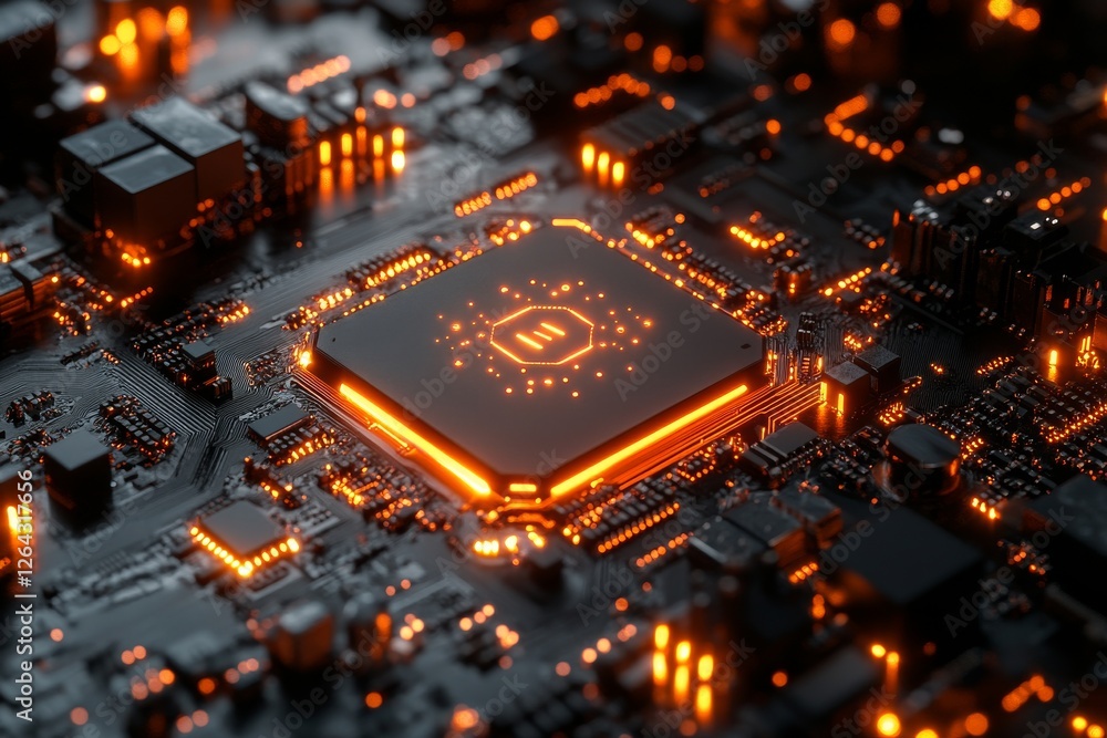 Poster a close-up of an advanced ai microchip integrated into a circuit board, glowing with futuristic blue
