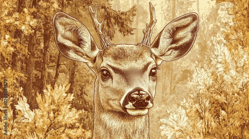Fototapete intricate engraved deer portrait with delicate line work in warm sepia tones and designated space fo
