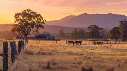 Obraz premium Majestic Equestrian Riding at Sunrise Tranquil Photography of a Stunning Pastoral Landscape