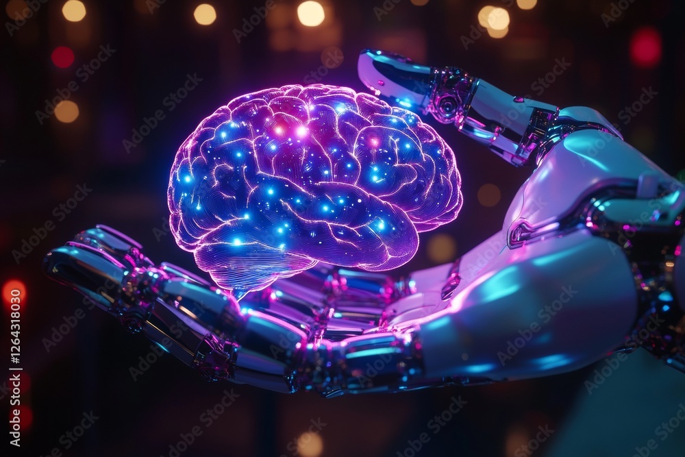 Poster a futuristic robotic brain with glowing neural connections, symbolizing ai, machine learning, deep l