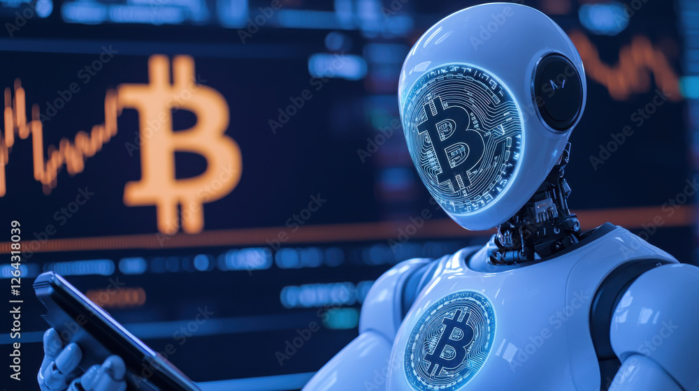 Poster bitcoin ai trading and smart wallet concept, humanoid ai assistant analyzing cryptocurrency trends a