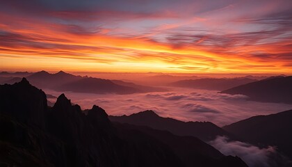 Fototapeta premium A breathtaking view of rugged mountain silhouettes against a deep orange and purple sunset sky, with mist rolling over the valley 