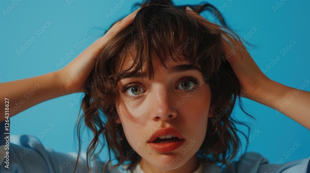 Wall mural Young woman expressing surprise and confusion against a vibrant blue background, evoking emotions of stress and curiosity