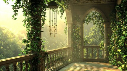 Obraz premium Serene Veranda Nook Adorned with Lush Greenery and Soft Light