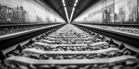 Train tracks tunnel, graffiti walls, vanishing point