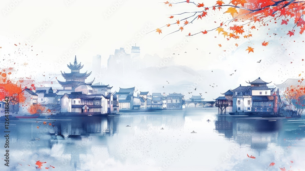 Sticker Serene autumn landscape featuring traditional architecture by a tranquil river with distant mountains and a city skyline