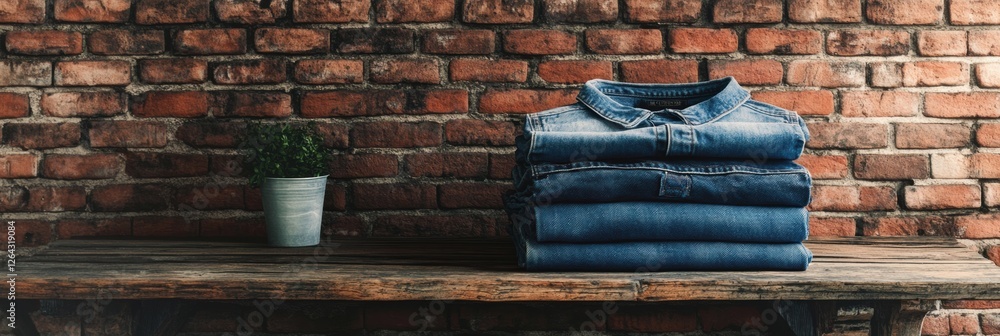 Poster denim clothing displayed on rustic wooden shelf against a textured brick wall with a blank area for 