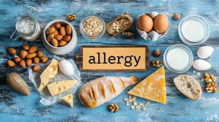 Allergy Food On Blue Wooden Background. Food Allergy Concept. Flat Lay.