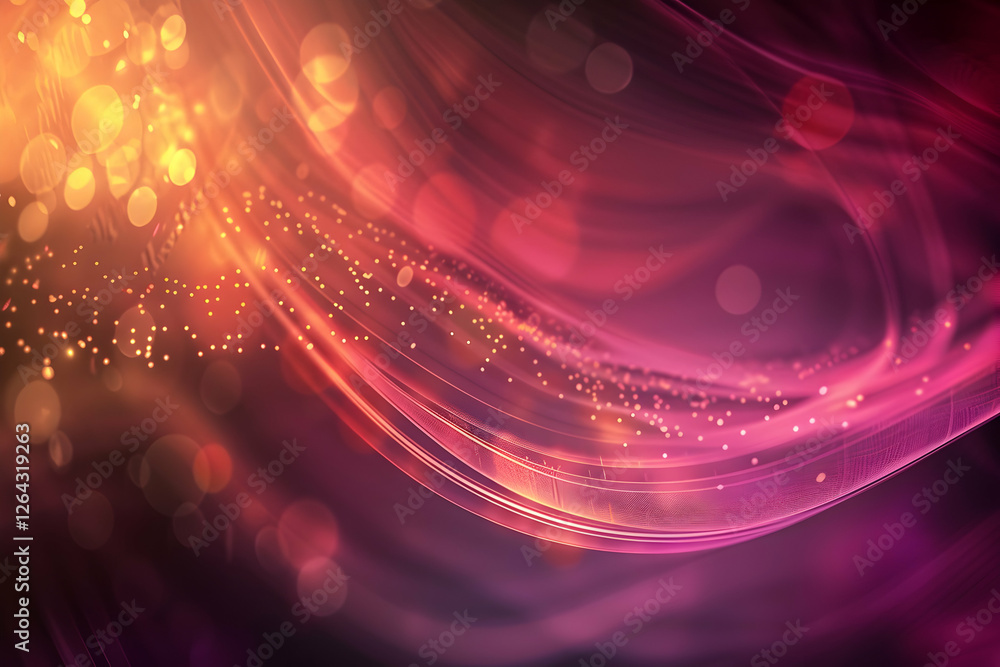 Poster abstract waves of vibrant colors with glowing particles, creating a dynamic and ethereal atmosphere