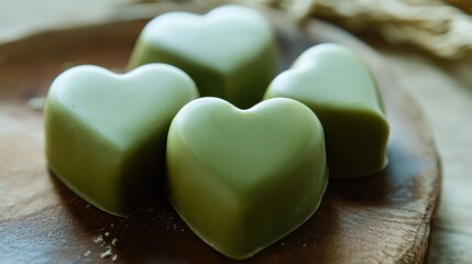 Obraz premium Heart-shaped matcha and pistachio-flavored chocolates with a vibrant green hue, symbolizing love, freshness, and indulgence.
