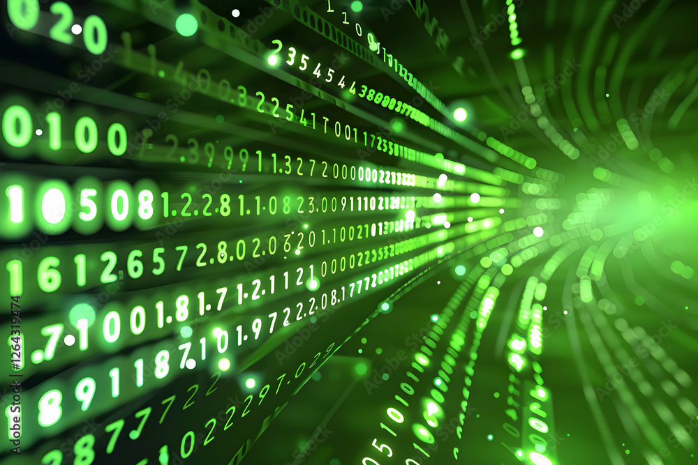 Poster abstract digital background with flowing green binary code, representing data transmission and techn
