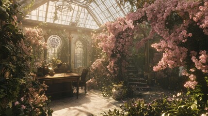 Naklejka premium Serene Secluded Greenhouse Filled with Lush Flowers and Light