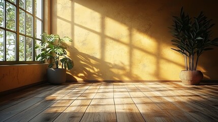 Sunlit interior with yellow walls, wooden floor, and potted plants casting shadows in a serene space
