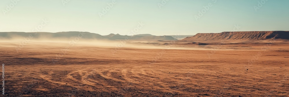 Poster expansive desert landscape with distant hills and dust clouds at sunset in a remote region. generati