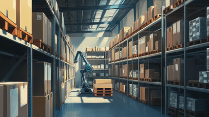Warehouse with automated robot, cardboard boxes on shelves and pallet. Vector cartoon illustration of storage room interior with goods on metal racks and robotic arm