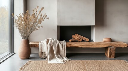 Minimalist interior featuring a fireplace with wooden logs and decor