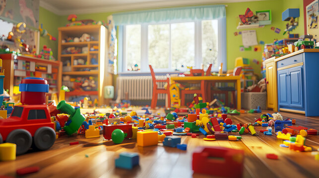 Mom and children in messy kid room cartoon vector. Child play toy indoor. Home playroom interior for hyperactive preschool or kindergarden baby illustration. Mess trouble and mother in untidy nursery