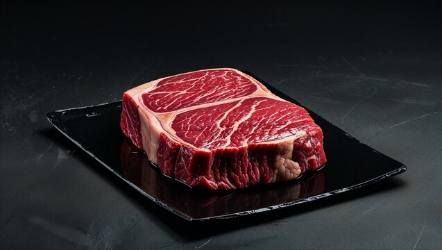Raw meat, beef steak , set againt on dark black background