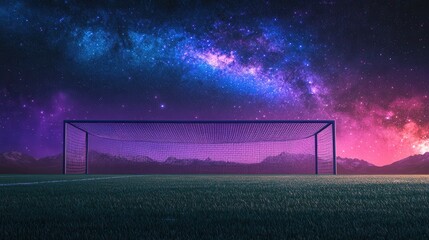 Soccer goal under a vibrant, starry night sky. Ideal for sports, dreams, and fantasy themes.