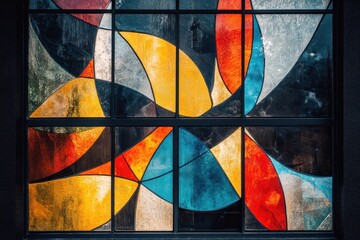 Fototapeta premium Colorful stained glass window with geometric and abstract shapes