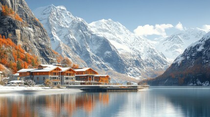 Majestic Alpine Lakefront Lodge Winter Wonderland Scenic View