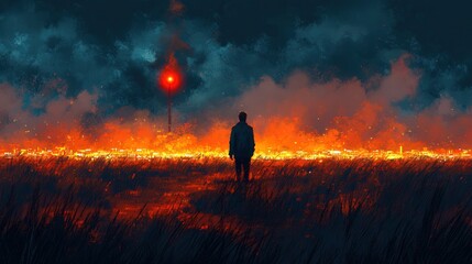 Fototapeta premium A solitary figure stands in a vivid landscape illuminated by fiery red hues, symbolizing despair and hope amidst a tumultuous, smoky sky filled with ominous clouds in a dystopian scene.