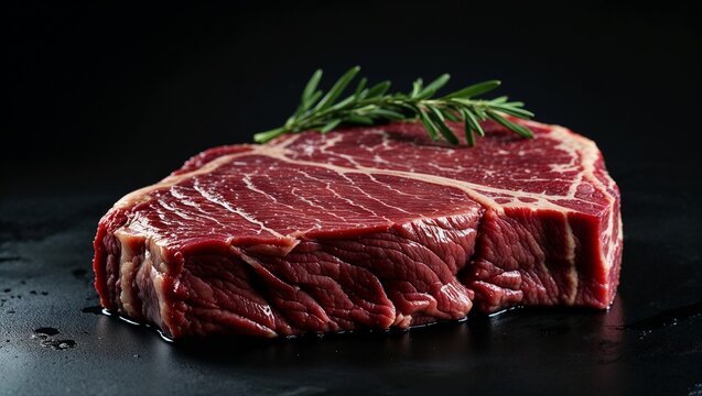 Raw meat, beef steak , set againt on dark black background