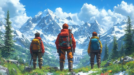 Adventurous Hikers Standing in Awe of Majestic Mountain Landscape Surrounded by Vibrant Nature, Lush Greenery, and Glimmering Snow-Capped Peaks Under a Bright Blue Sky