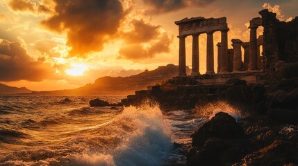 Fototapeta premium Sunset over ancient ruins, sea waves crashing
