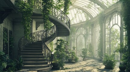 Beautiful Greenhouse with Spiral Staircase and Lush Greenery