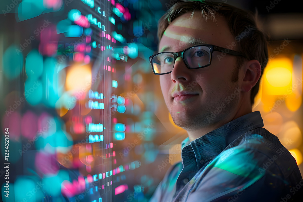 Aufkleber young man analyzing data on a digital screen in a modern office with colorful lights in the backgrou