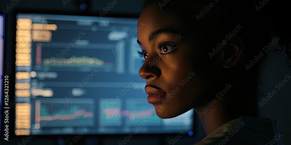 Poster Portrait of a woman analyzing data charts on a large monitor, her face illuminated by the screens glow, with a thoughtful and focused expression creating a calm atmospher