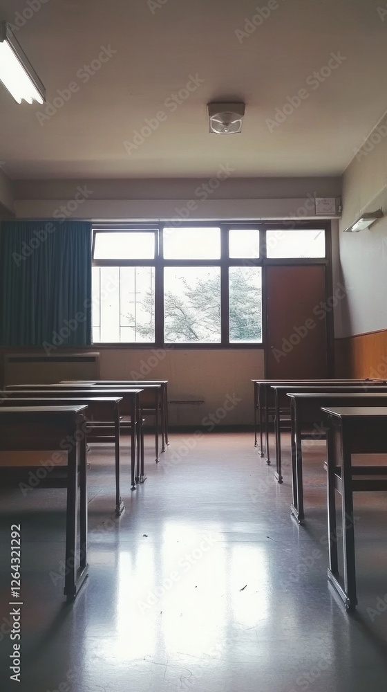 Aufkleber a quiet classroom with empty desks and large windows letting in natural light.