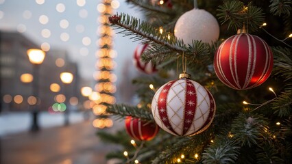 Christmas Tree Ornaments Red and White Festive Decor, Bokeh Lights, Closeup, Winter, Holiday Season, Christmas Lights, Christmas Ball Christmas