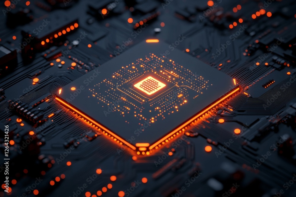 Poster a futuristic microchip glowing with orange neon lights on a dark circuit board, symbolizing high-tec