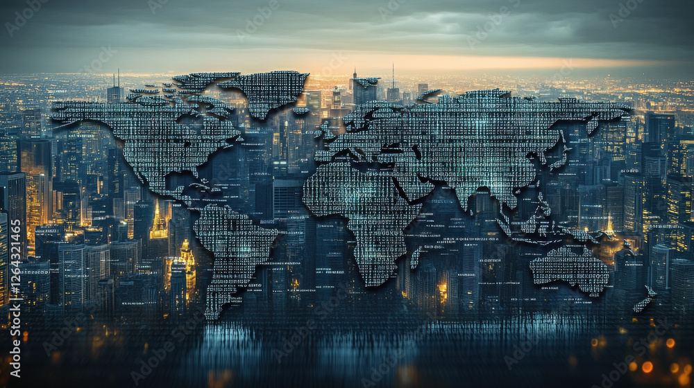 Poster digital world map made of binary code on a city background, global network concept