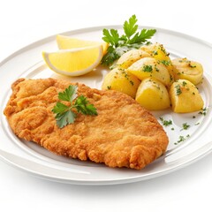 Crispy Wiener Schnitzel with Roasted Potatoes, Lemon Garnish Food Photography, Wiener Schnitzel, Roasted Potatoes
