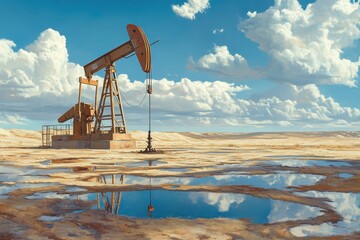 Fototapeta premium Lone oil pump jack in desert landscape. Illustrates oil extraction in arid climates, energy production.